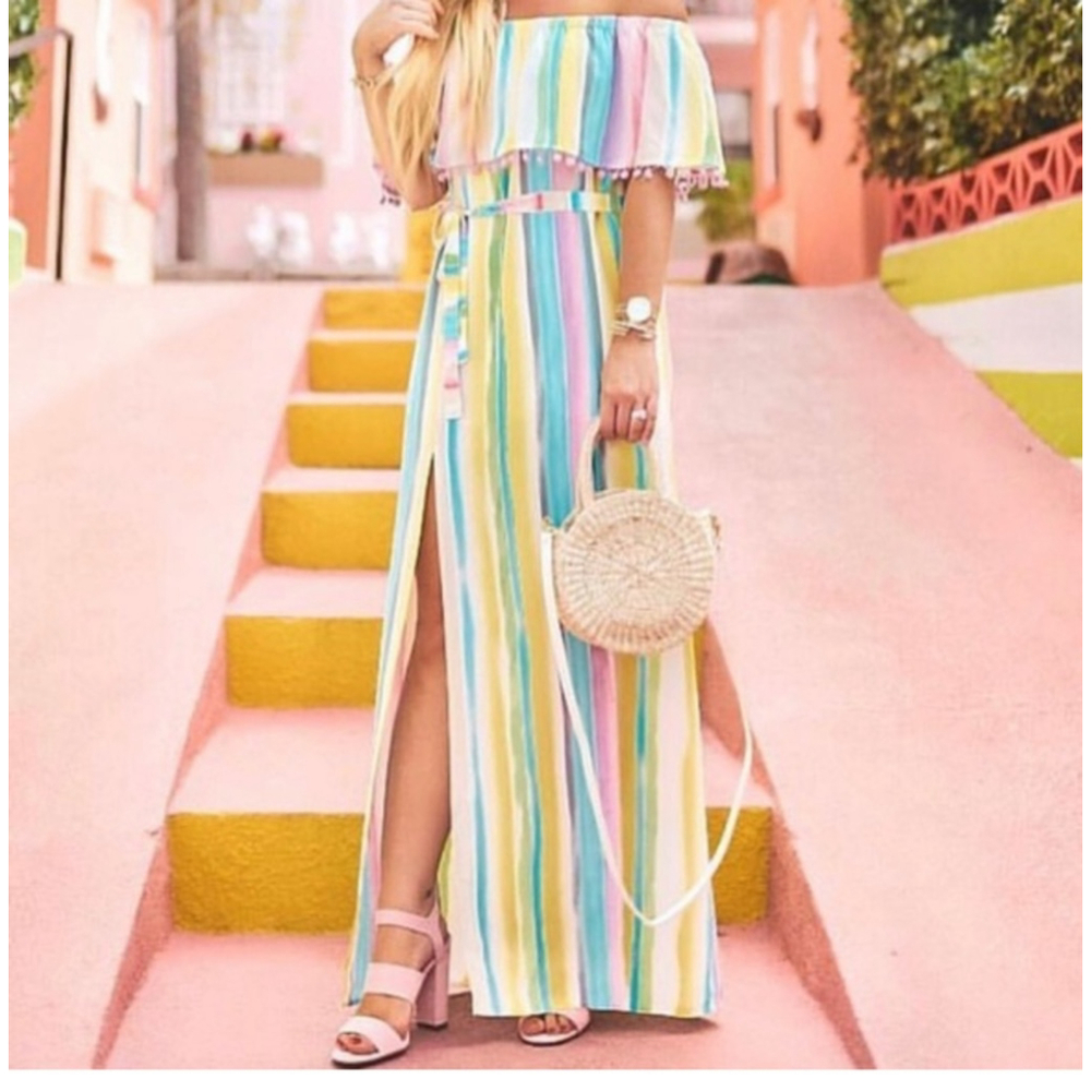 Women's Buddy Love Multicolor Striped Off-Shoulder Maxi Dress S - Picture 2 of 9